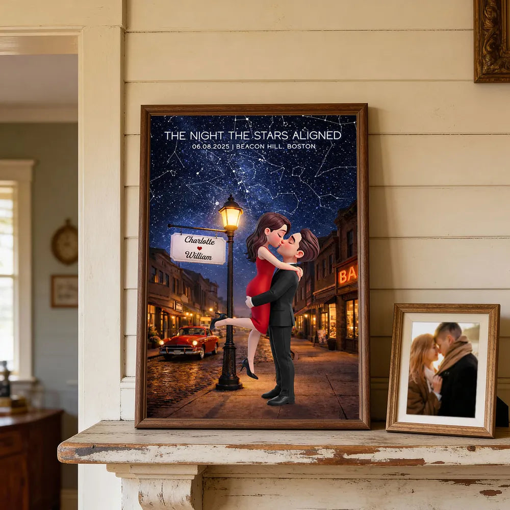 Personalized Star Map Couple Kissing Poster for Anniversary Decor, Night the Stars Aligned, Unique Gift for Couple