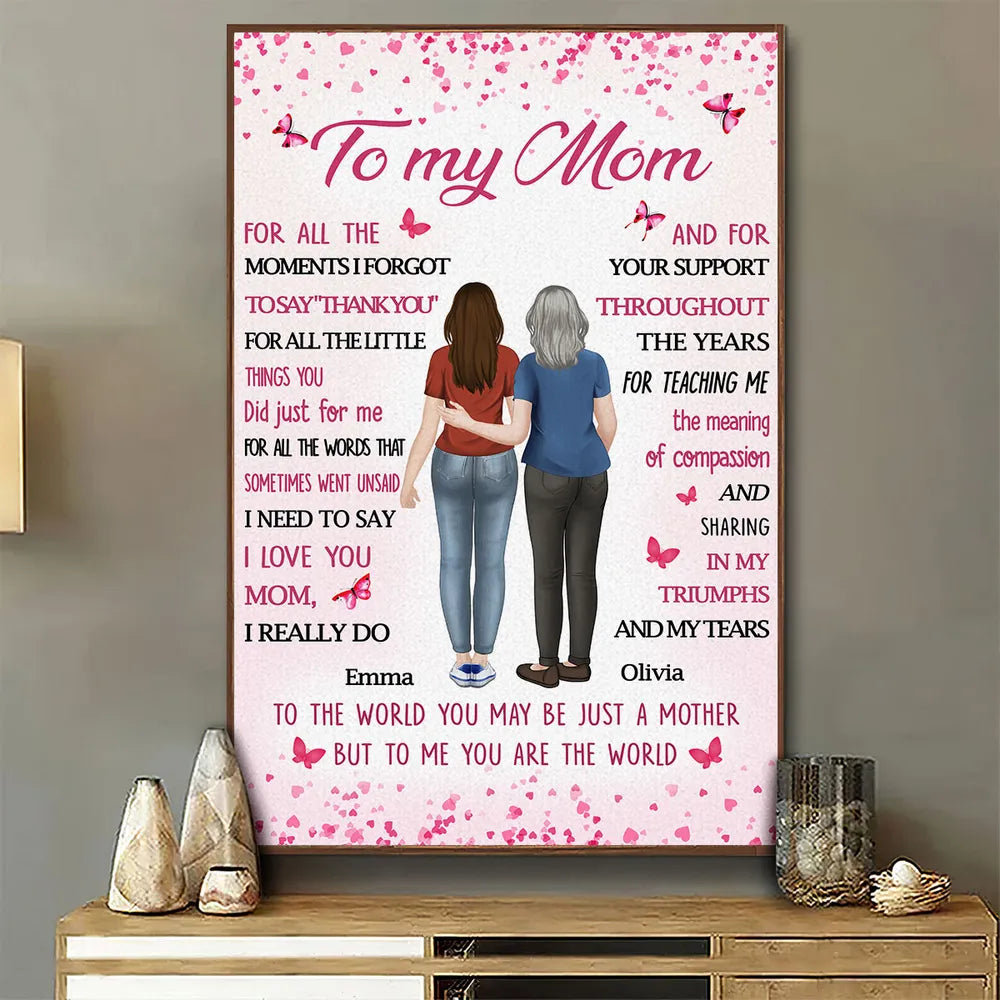 Personalized Mom Quote Poster, Custom Mother Daughter Hugging Wall Art, Pink Butterflies, Unique Gift for Mom