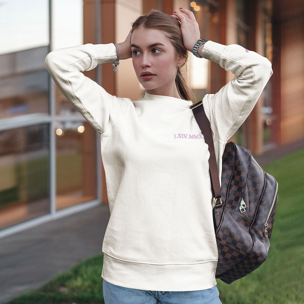 Custom Engraved Embroidery Round Neck Roman Numeral Date - Personalized Couple Sweatshirt