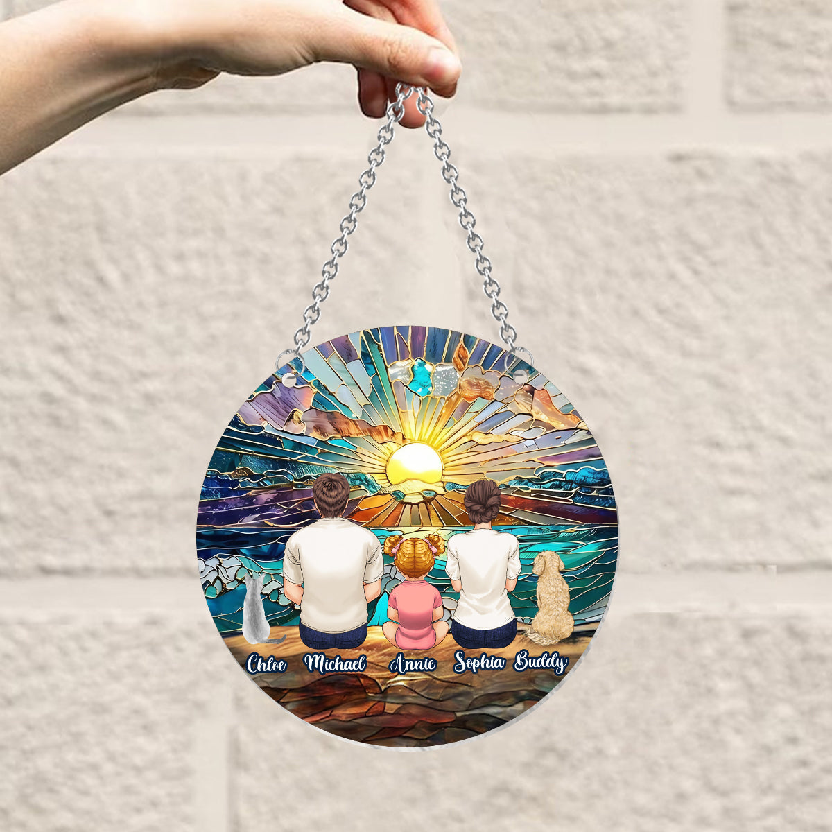 Happy Couple Enjoying Romantic Beach - Personalized Family Window Hanging Suncatcher Ornament