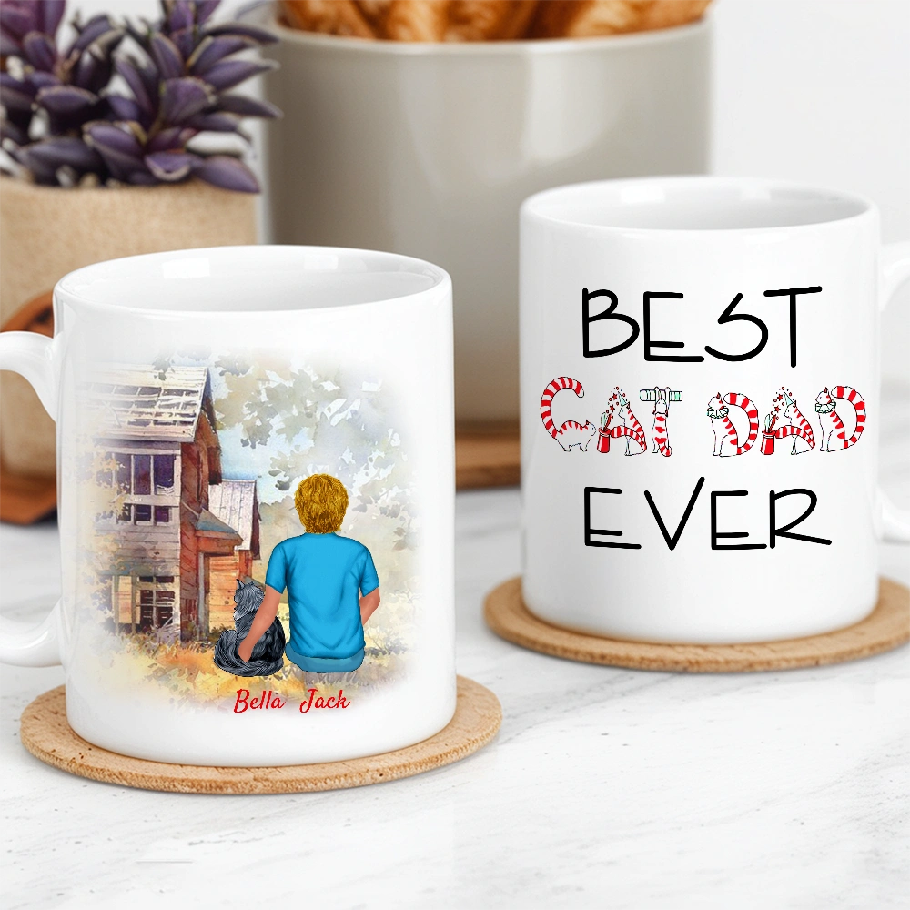 Best Cat Dad Ever Personalized White Ceramic Mug with Cat Illustration, Cozy Scene & Unique Gift for Pet Lovers