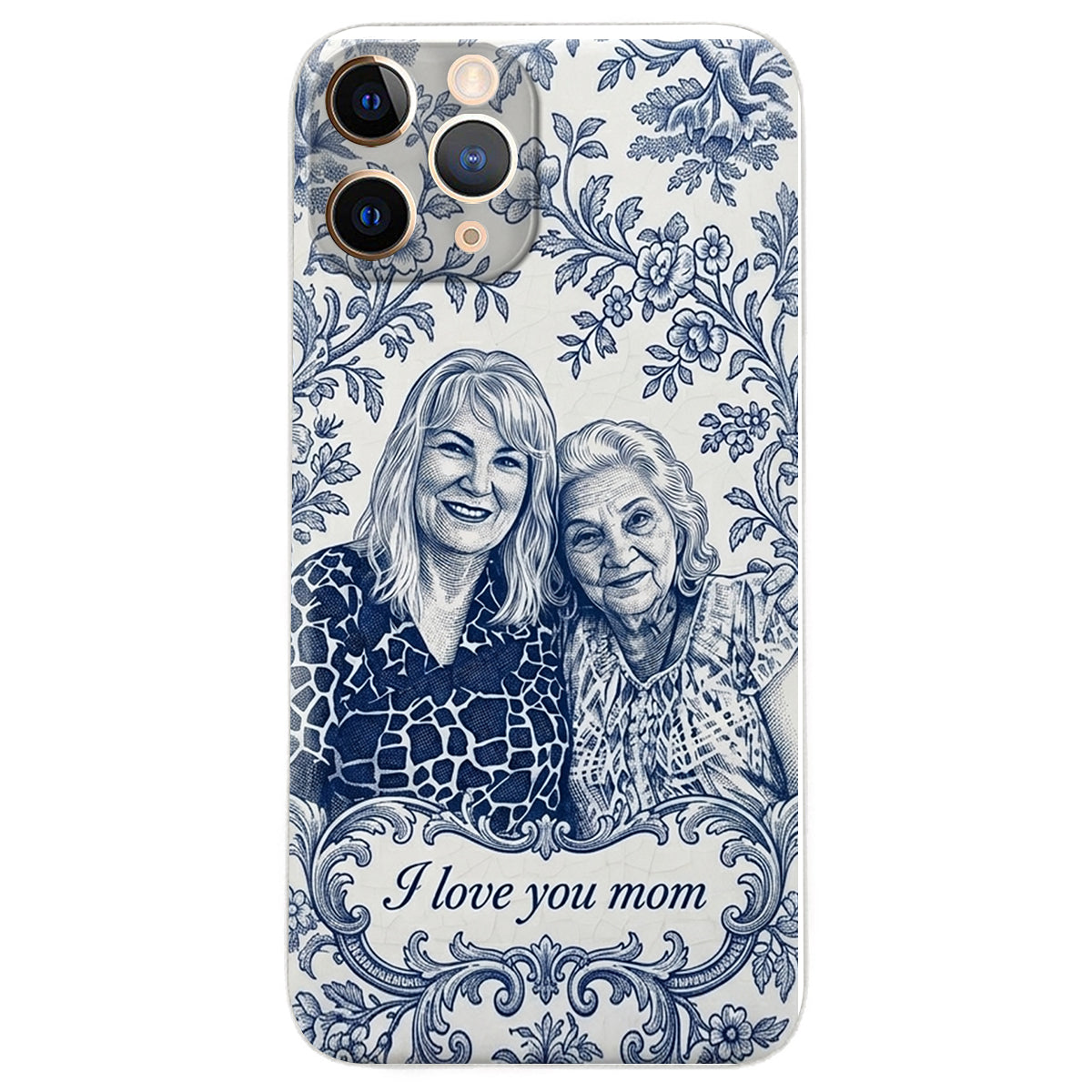 Mother Gift Idea, Blue Toile De Jouy Pattern - Personalized Mother 3D Embossed Leather Phone Case