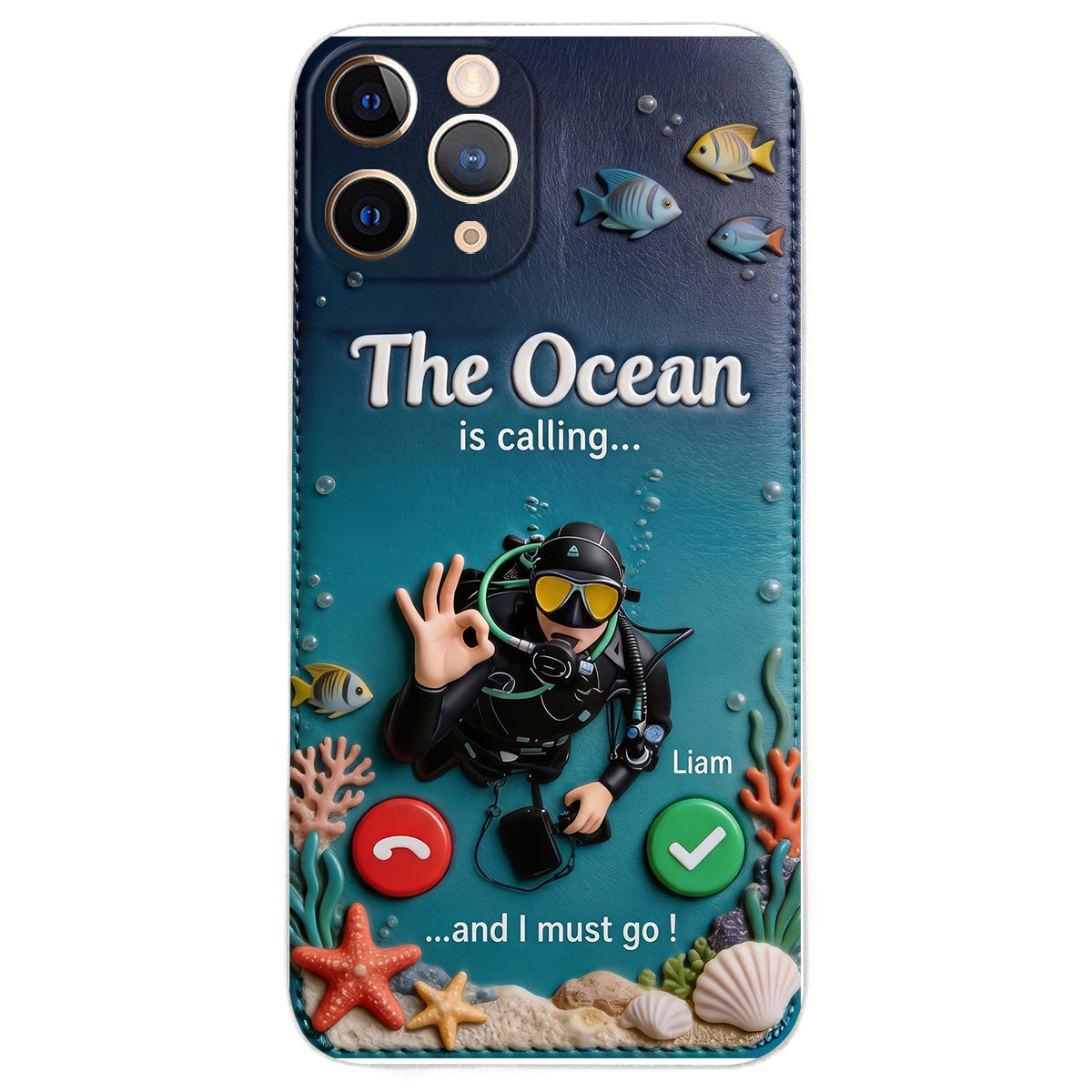 Tropical Sea Life - Personalized Scuba Diving 3D Embossed Leather Phone Case