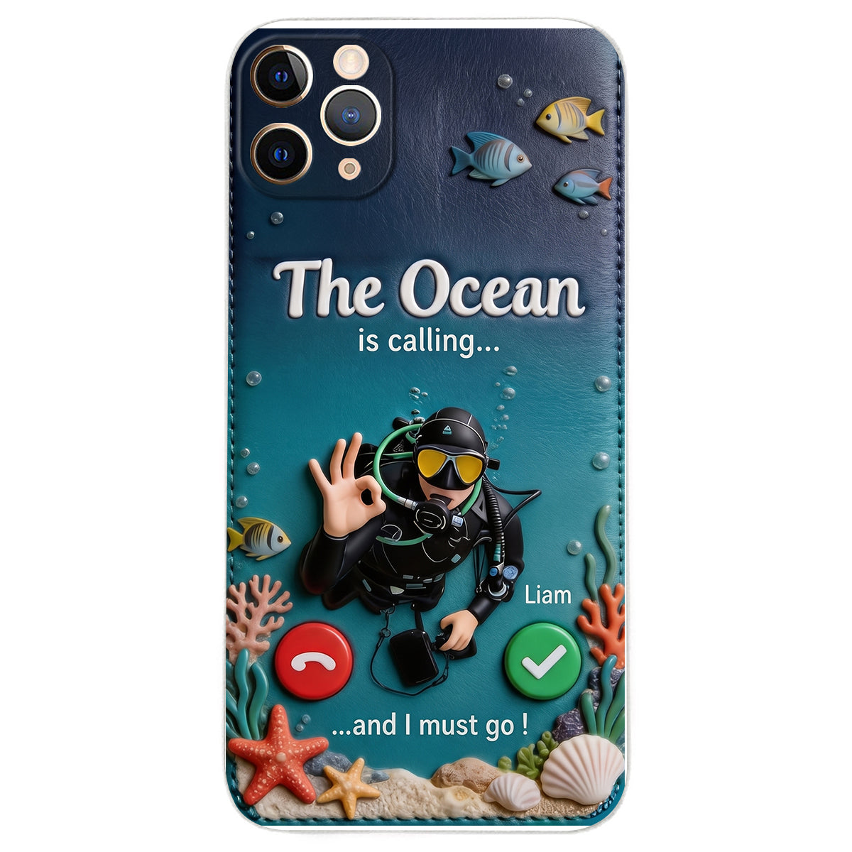Tropical Sea Life - Personalized Scuba Diving 3D Embossed Leather Phone Case