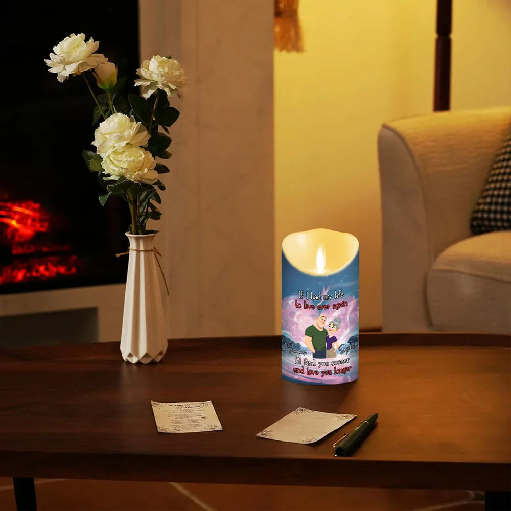 Personalized Flameless LED Candle with Romantic Quote, Cute Couple Art, Warm Glow Keepsake, Unique Gift for Wife or Husband