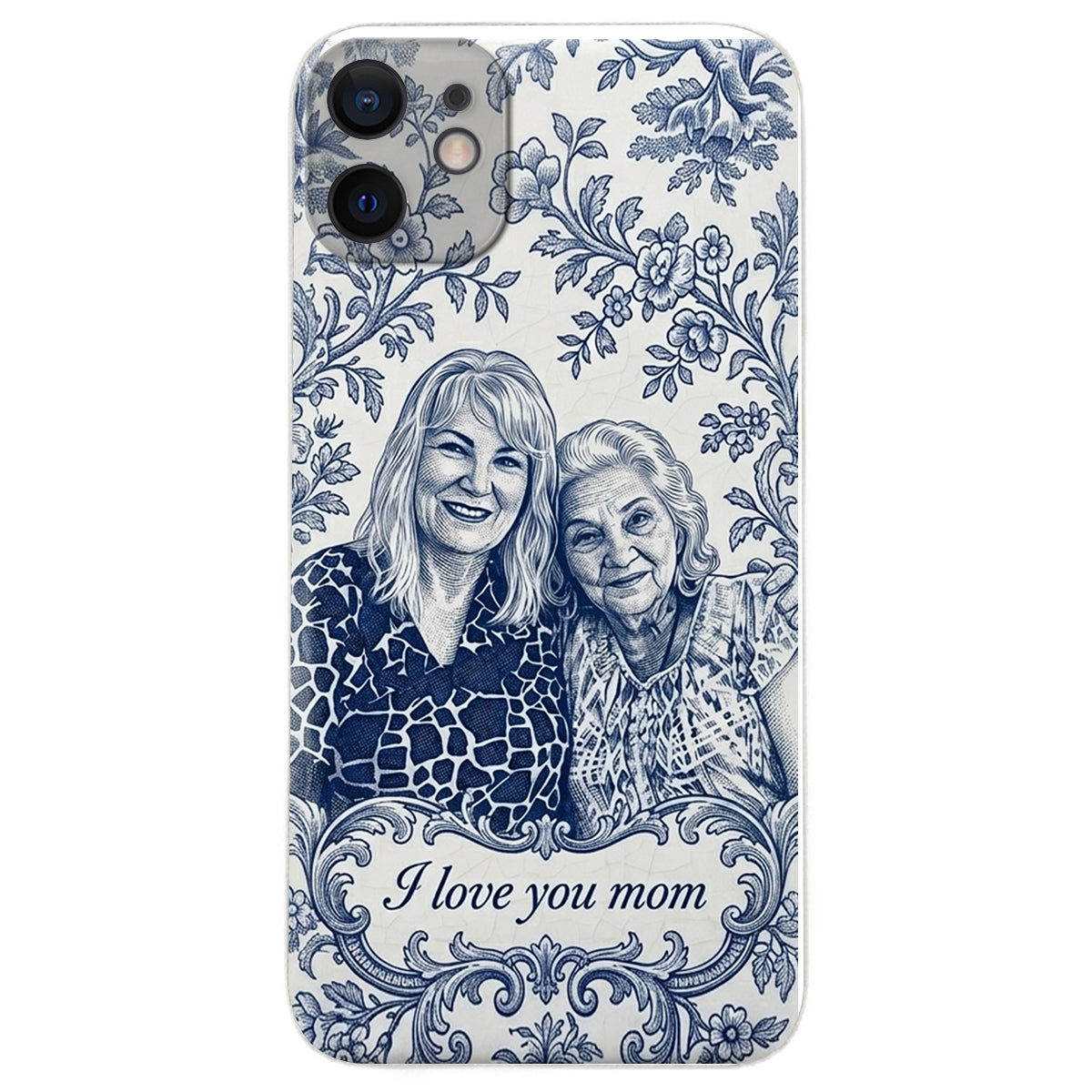 Mother Gift Idea, Blue Toile De Jouy Pattern - Personalized Mother 3D Embossed Leather Phone Case