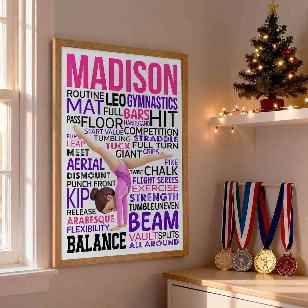 Personalized Gymnast Word Art Poster for a Daughter or Granddaughter, Cartwheel Pose Wall Decor, Unique Gift