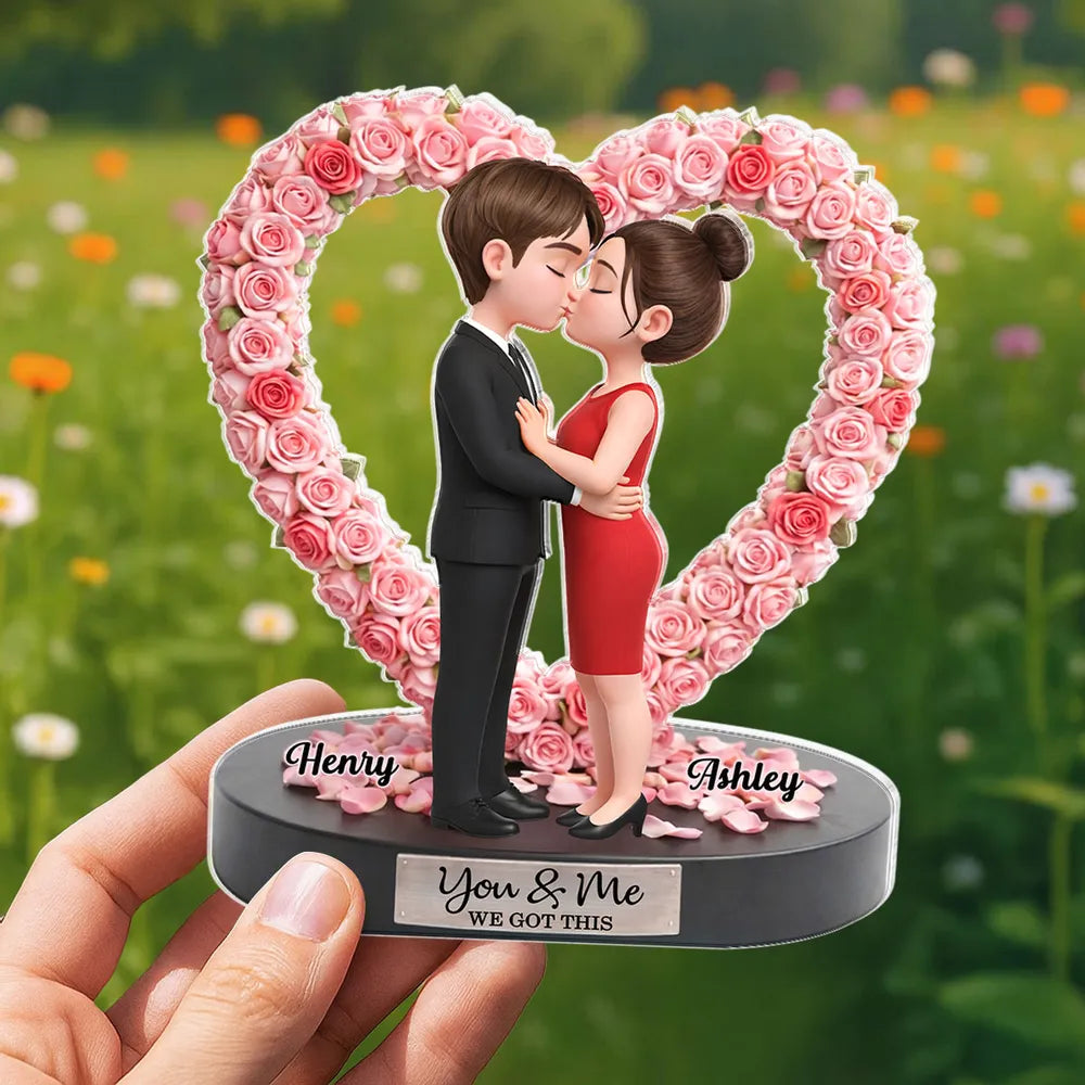 Personalized Shaped Acrylic Block Plaque, Kissing Couple in Rose Heart, Romantic Keepsake Decor, Unique Gift for Wife or Girlfriend