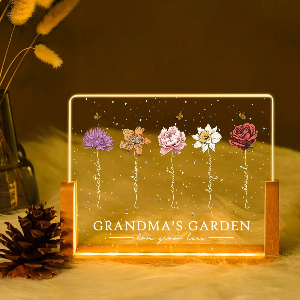 Custom LED Frame Poster - Birth Month Flower Art with Grandkids' Names