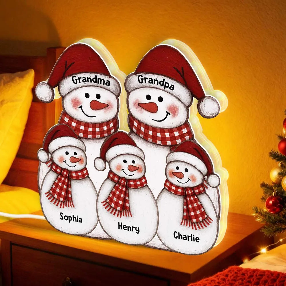 Acrylic Light Box with Folk-Art Snowman Family, Christmas decor, warm glow, unique personalized gift for Grandparents