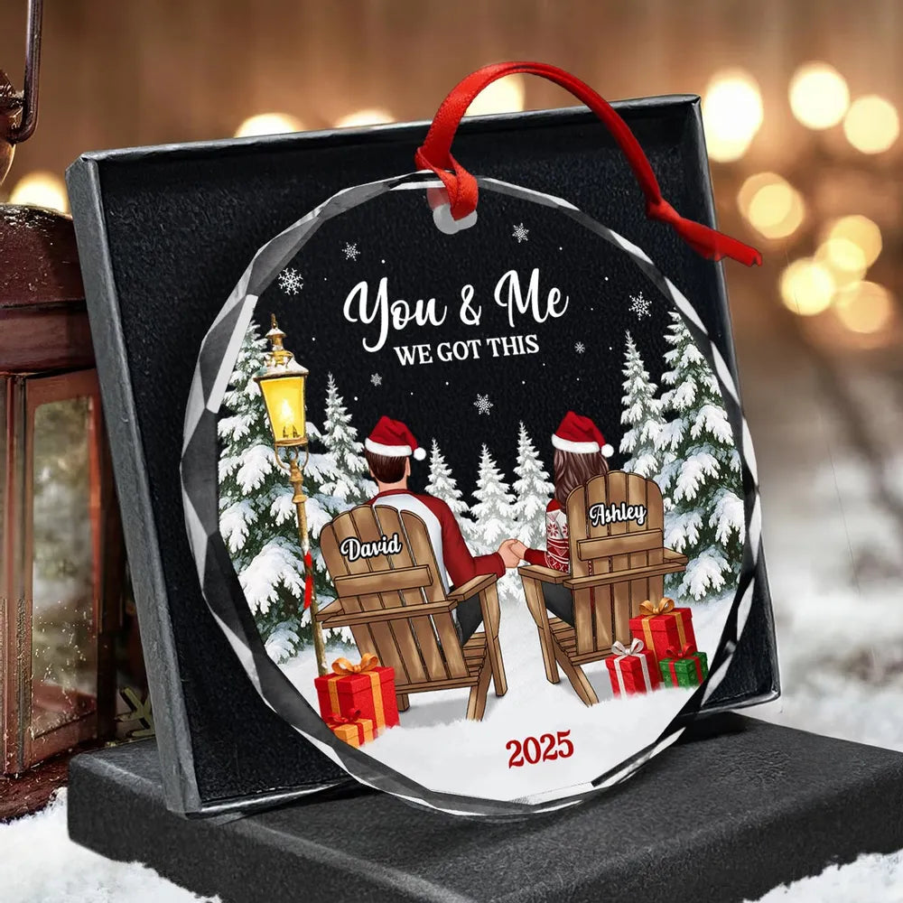 Crystal Ornament - Couple in Snowy Winter Landscape, 'You & Me' - Cozy Christmas Tree Decor, Unique Gift for Couples