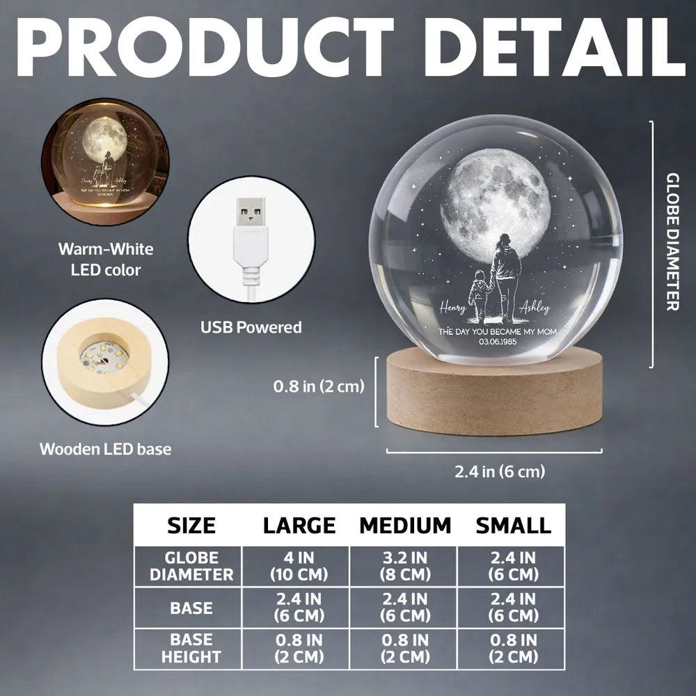 The Day You Became My Mom Personalized Globe Lamp, Mom and Child Under the Moon Night Light, Meaningful Gift