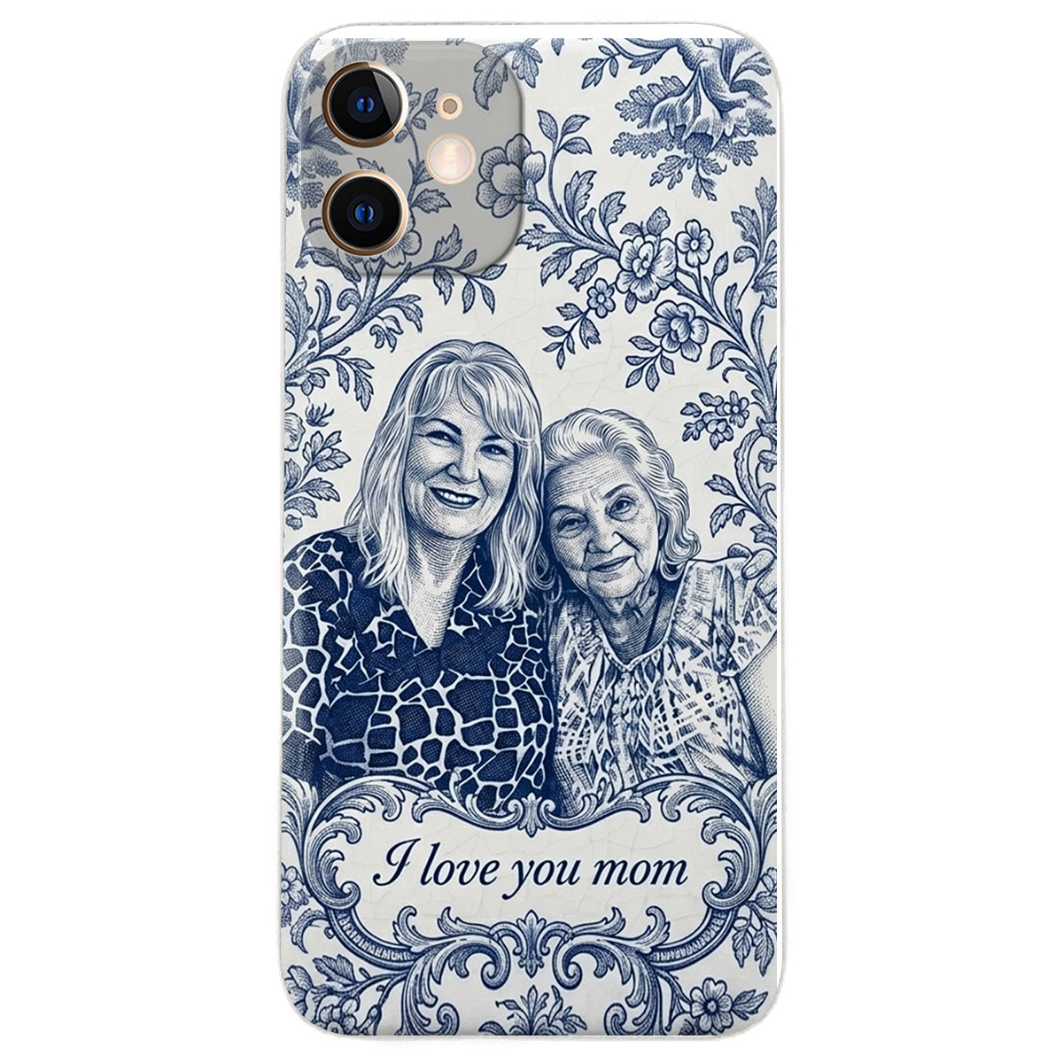 Mother Gift Idea, Blue Toile De Jouy Pattern - Personalized Mother 3D Embossed Leather Phone Case