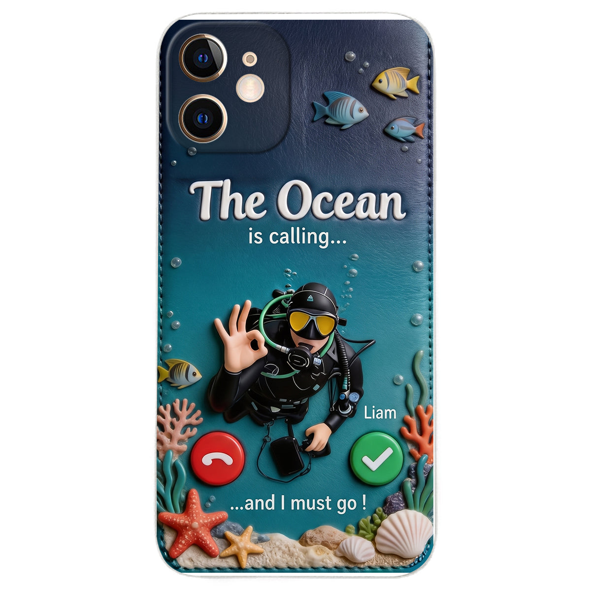 Tropical Sea Life - Personalized Scuba Diving 3D Embossed Leather Phone Case