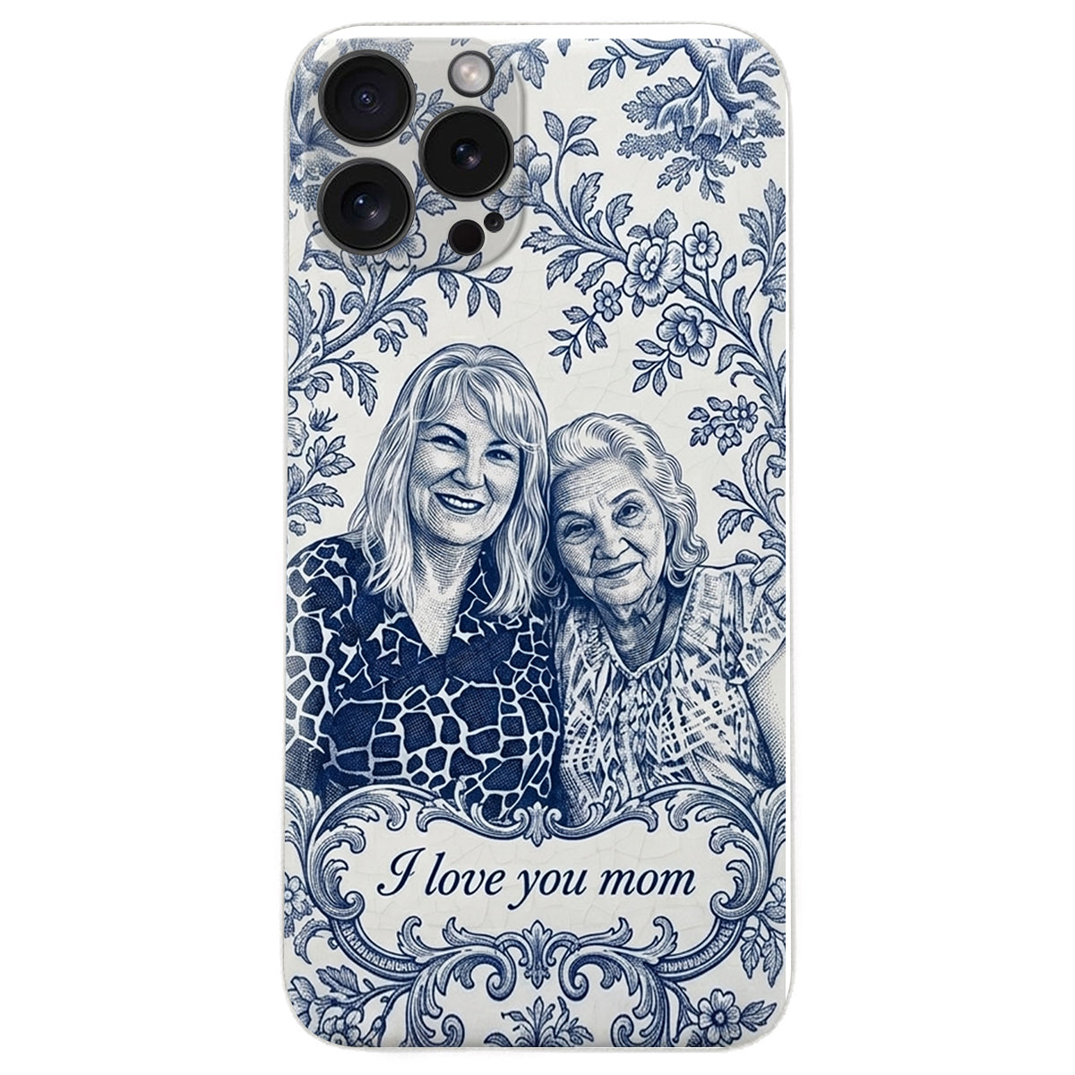 Mother Gift Idea, Blue Toile De Jouy Pattern - Personalized Mother 3D Embossed Leather Phone Case