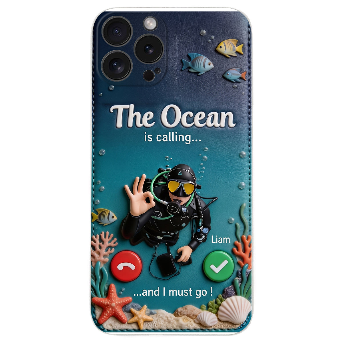 Tropical Sea Life - Personalized Scuba Diving 3D Embossed Leather Phone Case