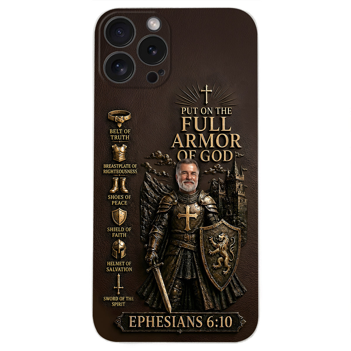 Put On The Full Amor Of God, Gift for Christians - Personalized Christian 3D Embossed Leather Phone Case