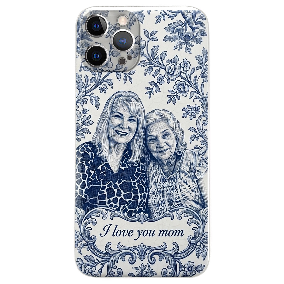Mother Gift Idea, Blue Toile De Jouy Pattern - Personalized Mother 3D Embossed Leather Phone Case