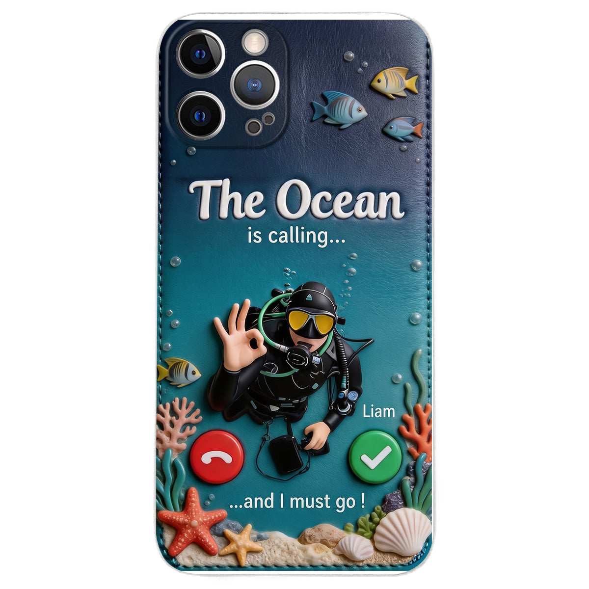 Tropical Sea Life - Personalized Scuba Diving 3D Embossed Leather Phone Case