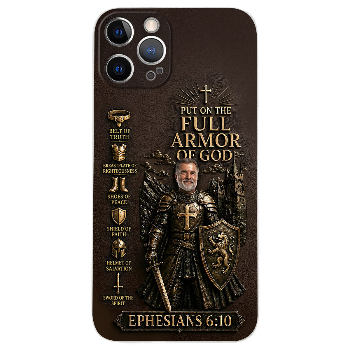Put On The Full Amor Of God, Gift for Christians - Personalized Christian 3D Embossed Leather Phone Case