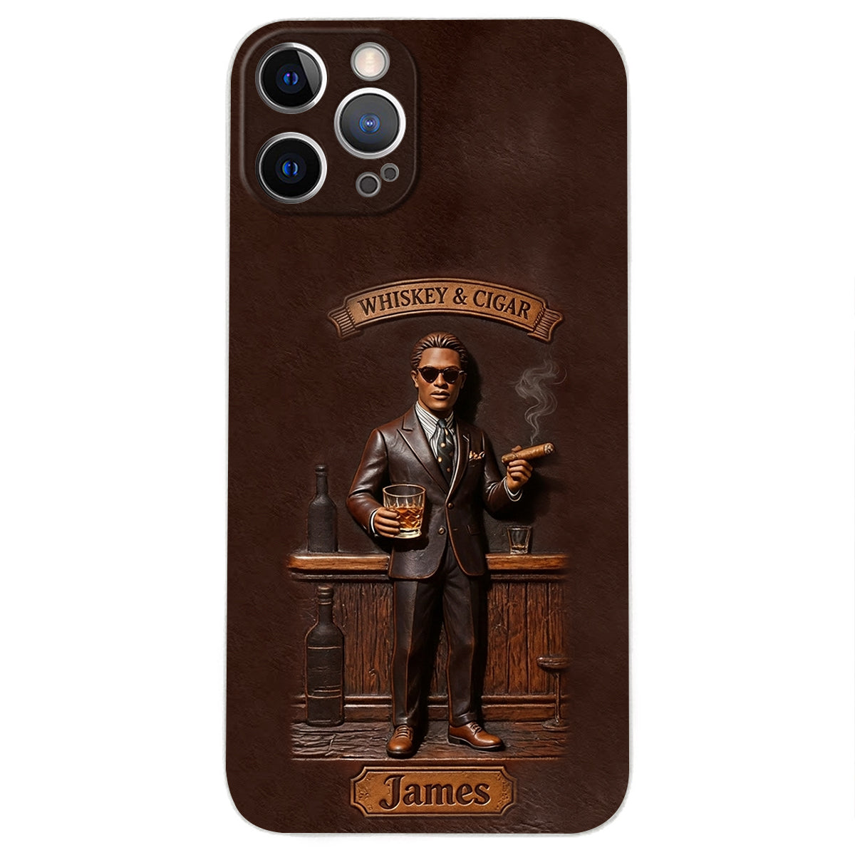Whiskey And Cigar - Personalized Whisky 3D Embossed Leather Phone Case