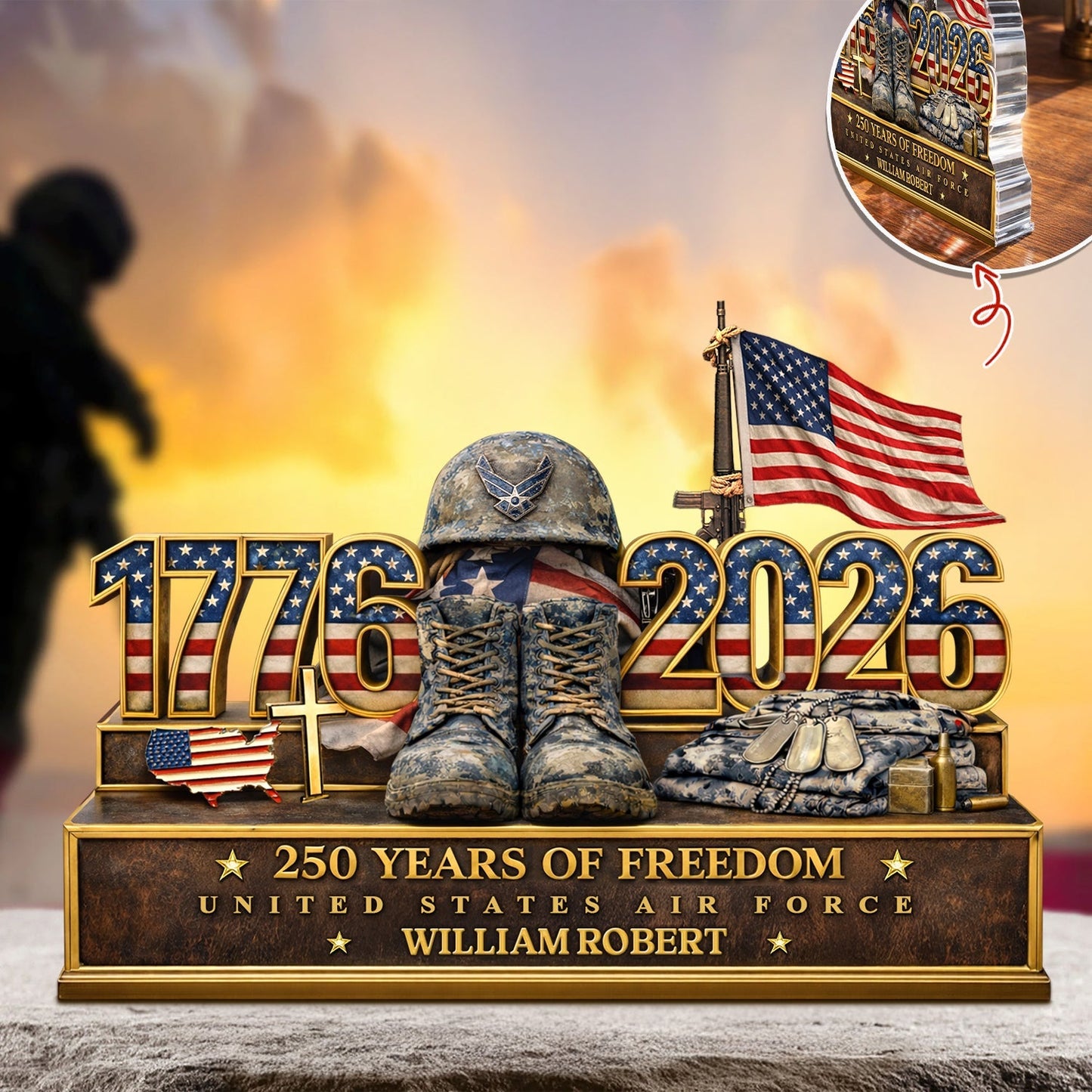 Personalized Shaped Acrylic Block Plaque with Patriotic US Army Boots & Flag Desk Decor, Unique Veteran Gift