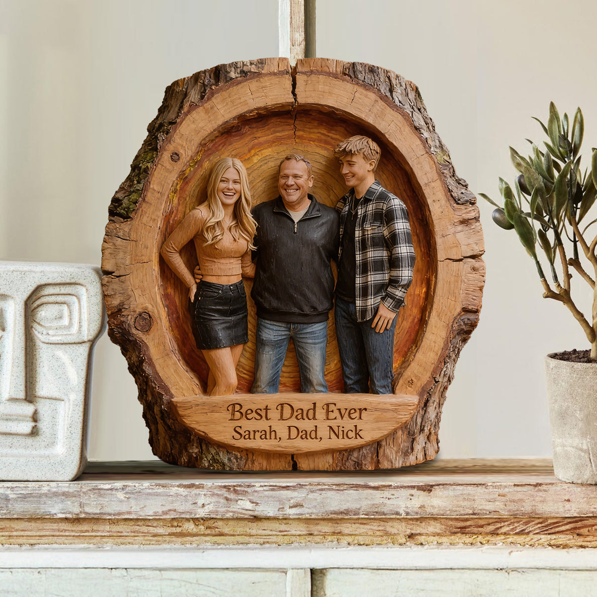 Custom Best Dad Ever Wood Log Figurine, Personalized Family Portrait Statue for Dad, Rustic Tabletop Decor Gift