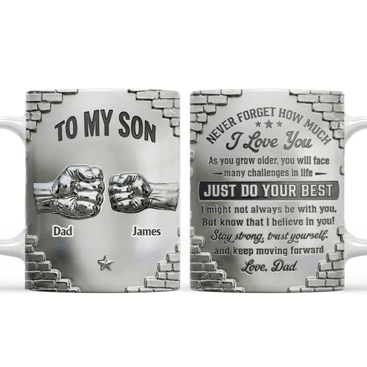 Personalized White Ceramic Mug With Fist Bump Design, To My Son Encouragement Message, Unique Gift From Dad