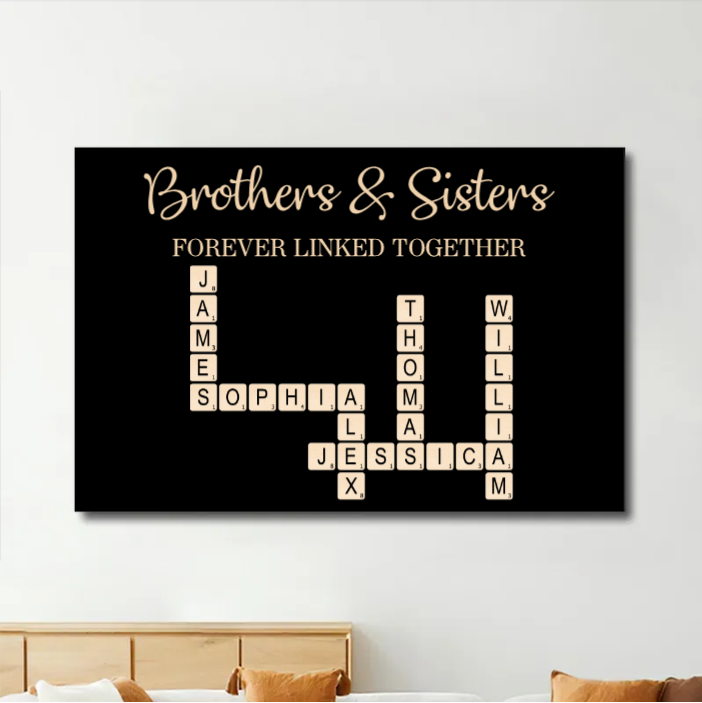 Brothers & Sisters Forever Linked Together Crossword Puzzle Art Personalized Poster or Plaque or Keychain or Orament or Cup, Gift For Siblings, Family, Brother