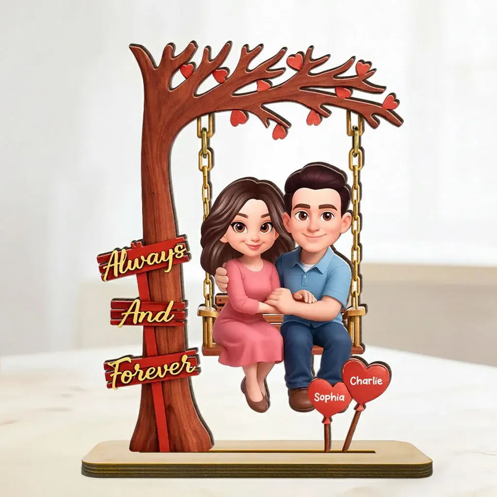 Personalized 2-Layer Wooden Plaque Couple on Swing Under Heart Tree, Always And Forever Romantic Unique Gift for Her or Him