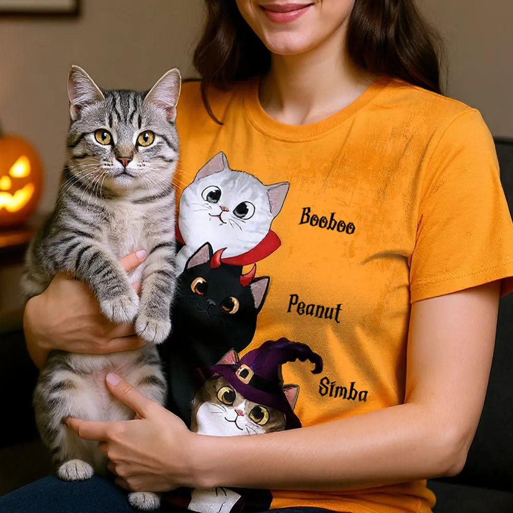 Classic Tee with Whimsical Cat Print, Halloween Vibes, Heartwarming Gift Option for Friends