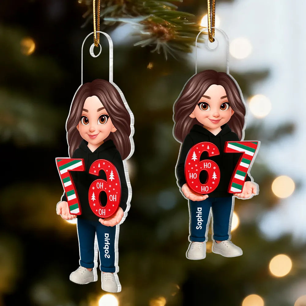 Personalized Acrylic Ornament with Cute Cartoon Teen Holding 67 Numbers – Trending Slang Christmas Ornament, Fun Gift for Kids and Grandkids
