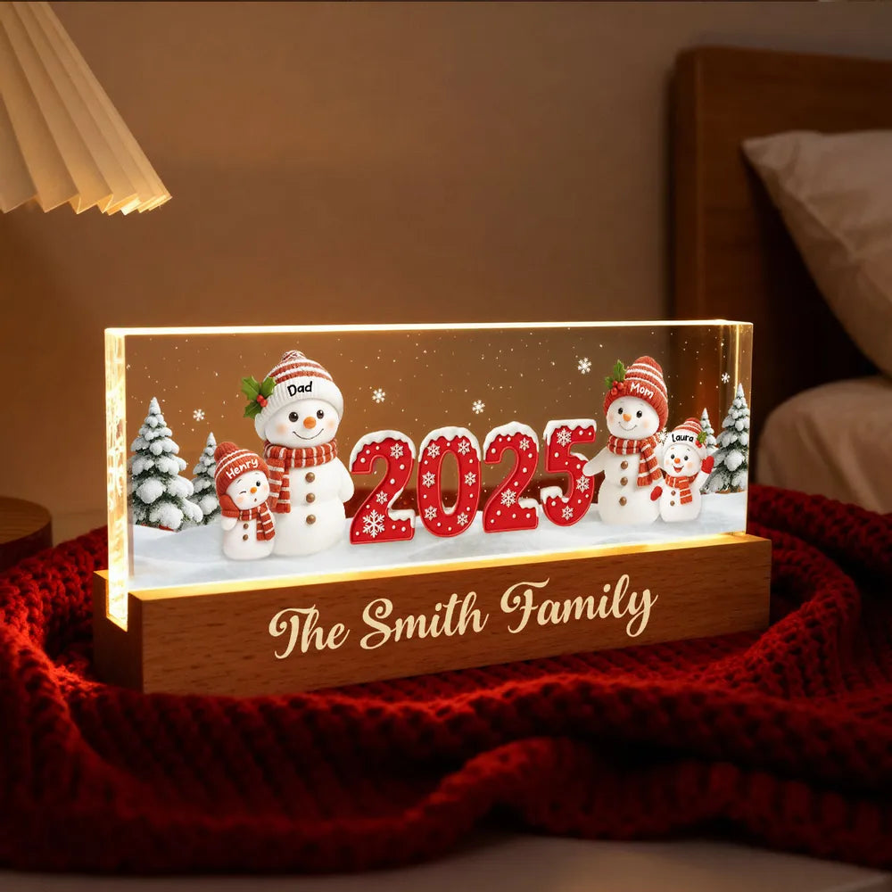 Family Snowman Block LED Light Plaque, Personalized Acrylic Night Light for Christmas, Warm Glow Decor, Unique Gift for Husband or Wife