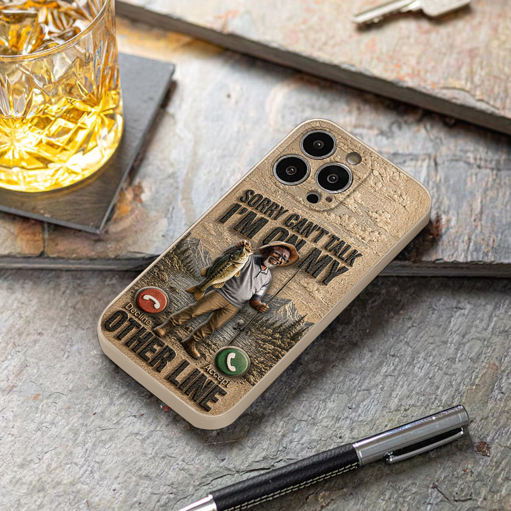 I'm On My Other Line, Fishing Lover Gift - Personalized Fishing 3D Embossed Leather Phone Case