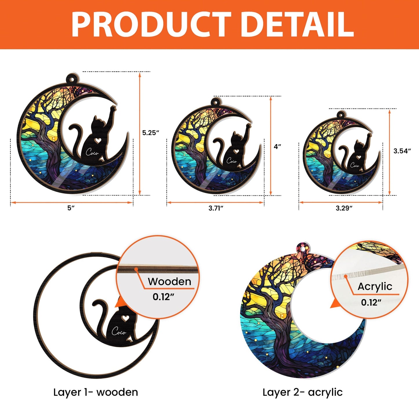 Cat Lover Gift – Layered Wood & Acrylic Ornament with Pet Name and Moon Design