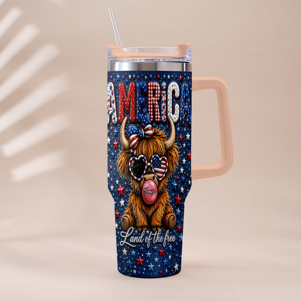 Land Of The Free - Personalized Highland Cow Tumbler With Plush Charm