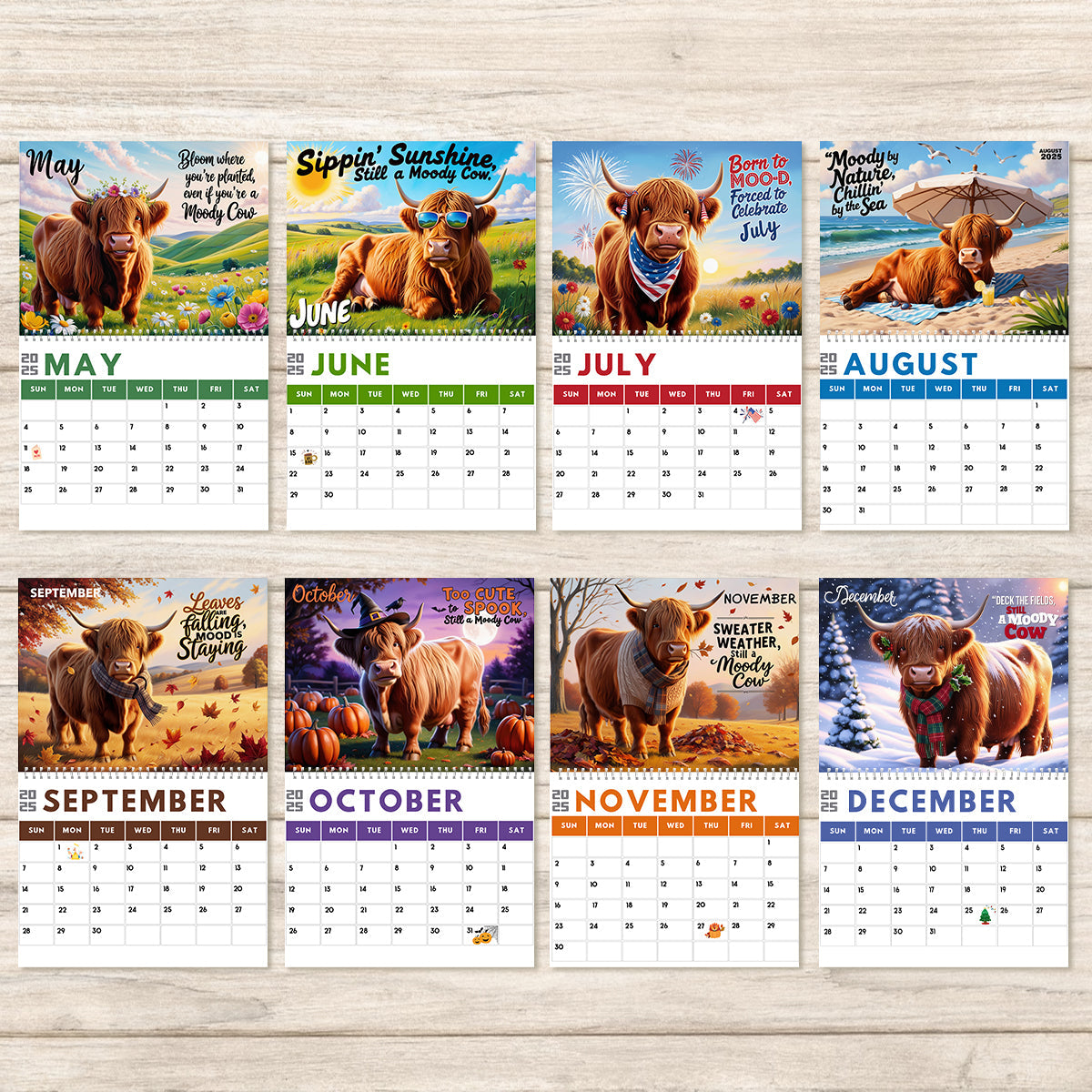 Moody Highland Cow 2025 - Personalized Highland Cow Wall Calendar & Desk Calendar