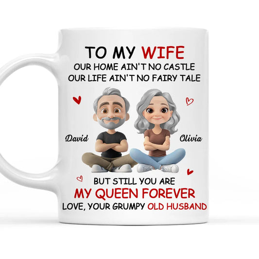 Personalized White Ceramic Mug for Wife from Husband, Cute Cartoon Couple, My Queen Forever, Unique Romantic Gift