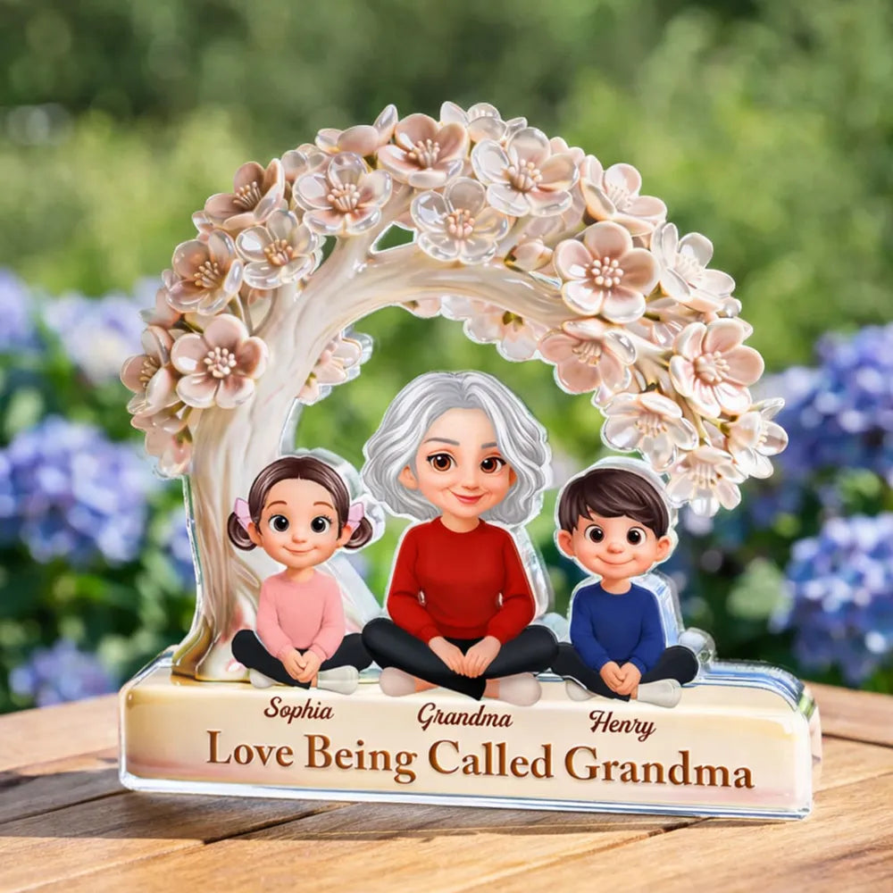 Shaped Acrylic Block Plaque with Grandma and Grandkids Under Blossom Tree, Personalized Home Accent, Thoughtful Gift for Grandma