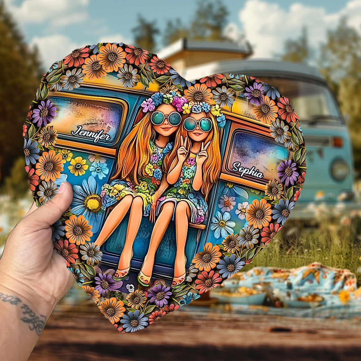 Soul Sisters Journey: Peace & Wanderlust - Personalized Hippie Heart Shaped Stone