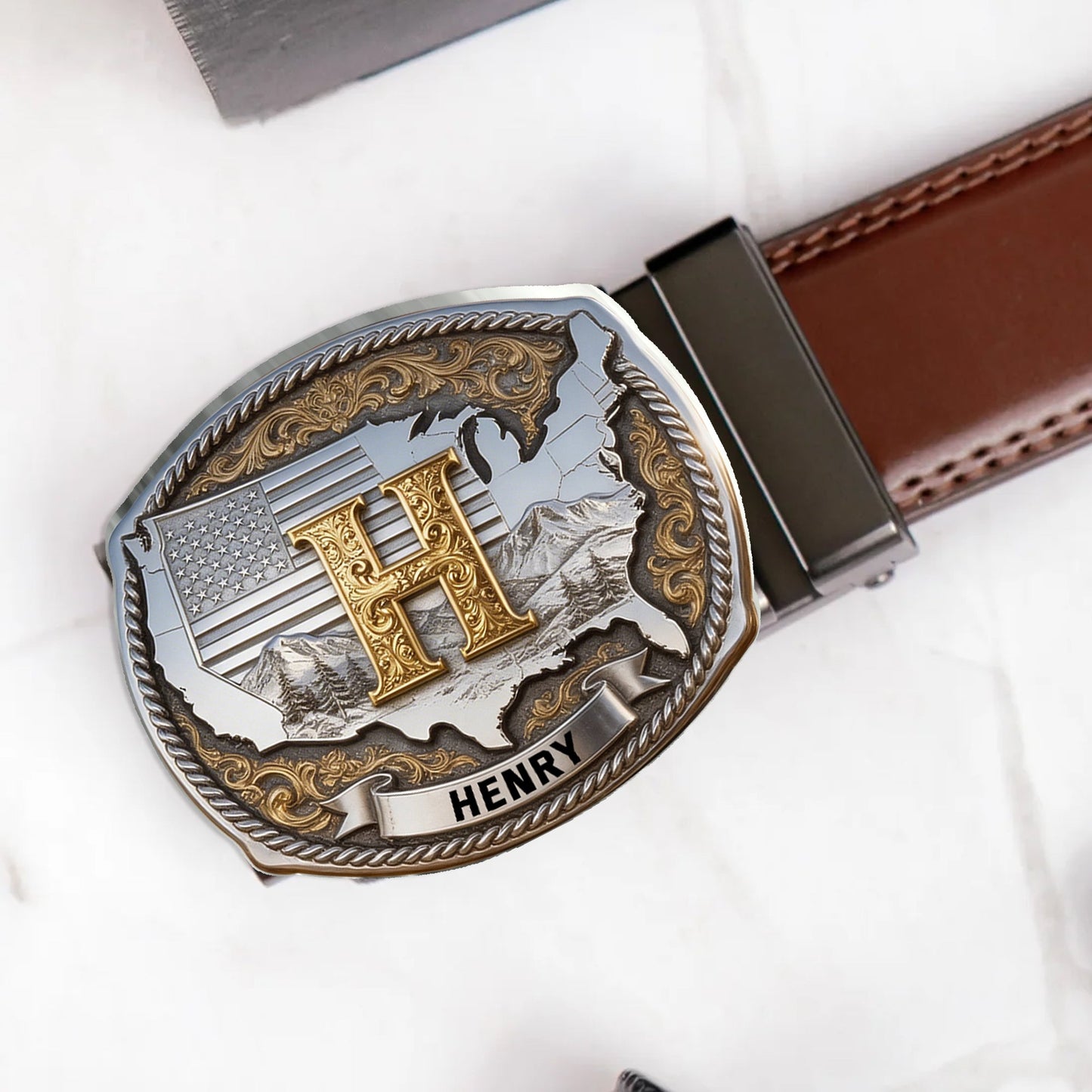 Custom Initial Buckle Belt, United State Map, Gift For Him - Personalized Patriot Leather Belt With Shaped Buckle