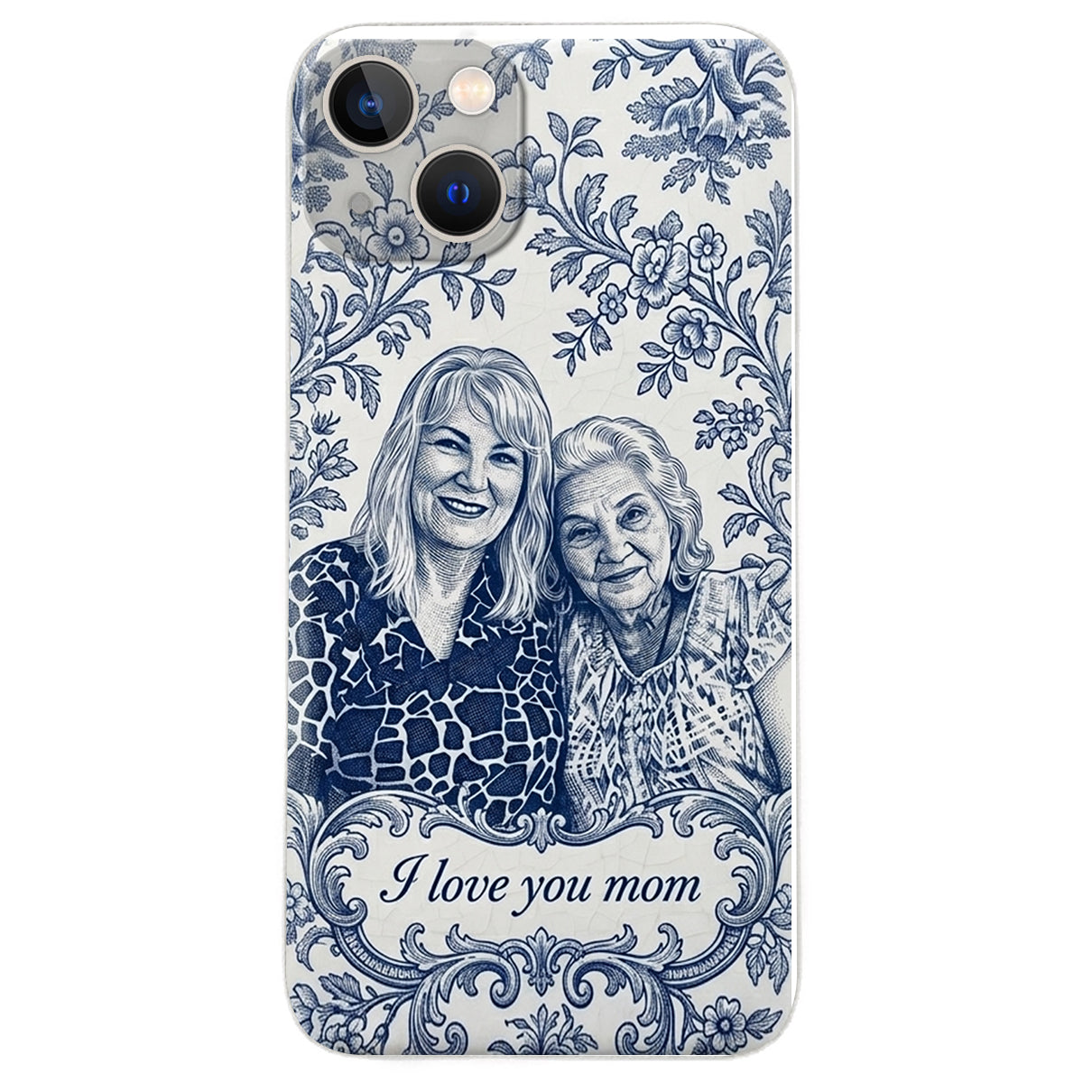 Mother Gift Idea, Blue Toile De Jouy Pattern - Personalized Mother 3D Embossed Leather Phone Case