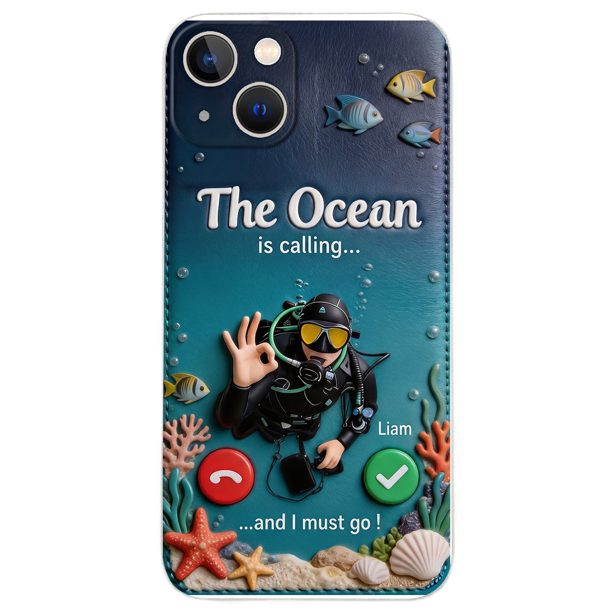 Tropical Sea Life - Personalized Scuba Diving 3D Embossed Leather Phone Case