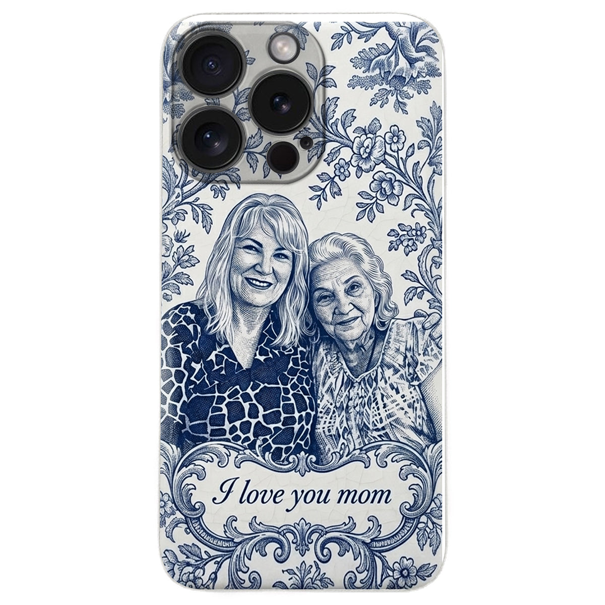Mother Gift Idea, Blue Toile De Jouy Pattern - Personalized Mother 3D Embossed Leather Phone Case