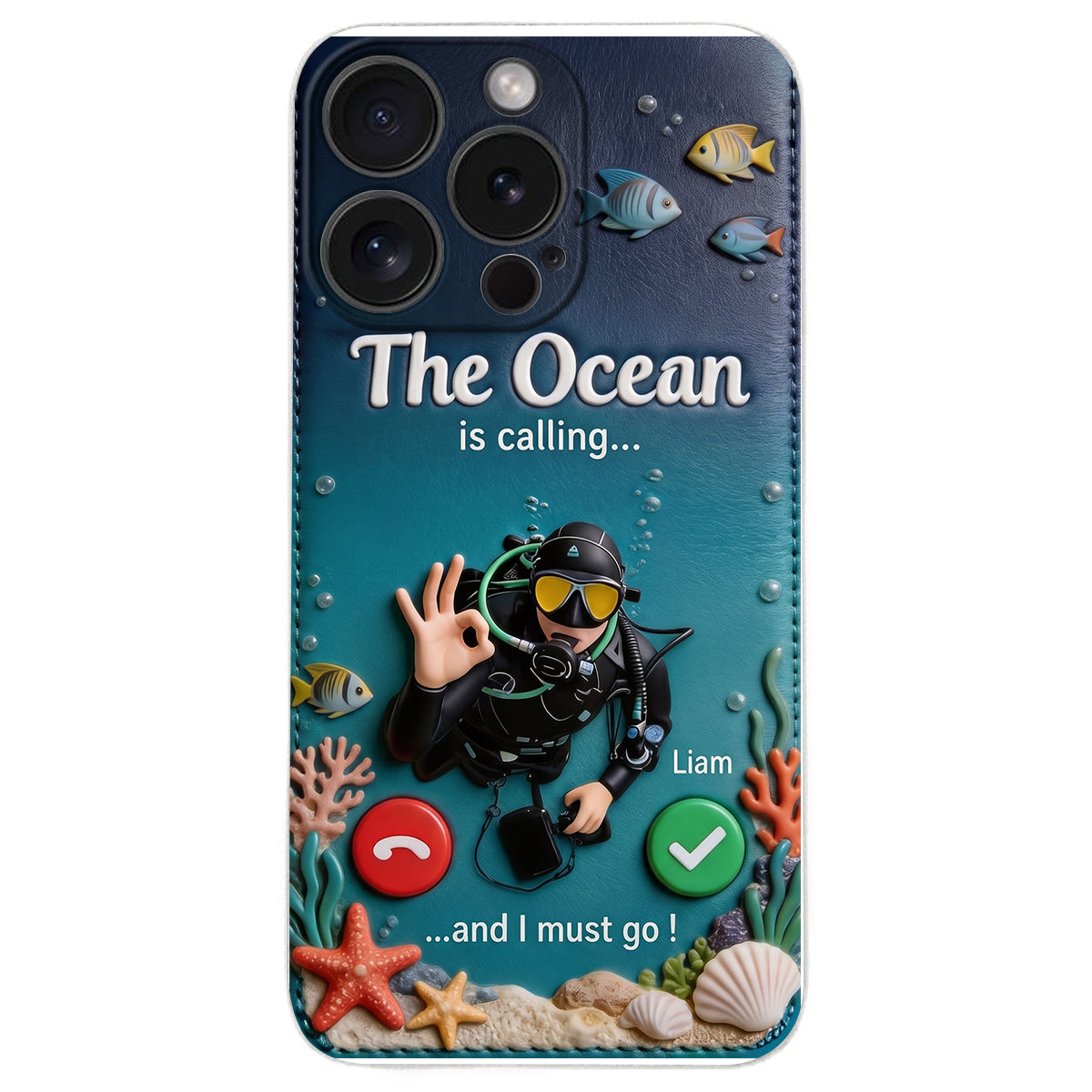 Tropical Sea Life - Personalized Scuba Diving 3D Embossed Leather Phone Case
