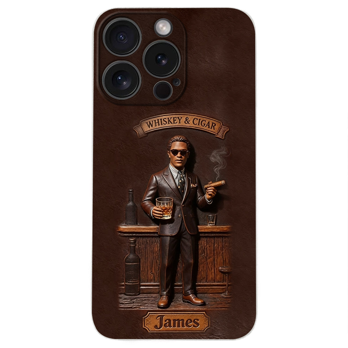 Whiskey And Cigar - Personalized Whisky 3D Embossed Leather Phone Case