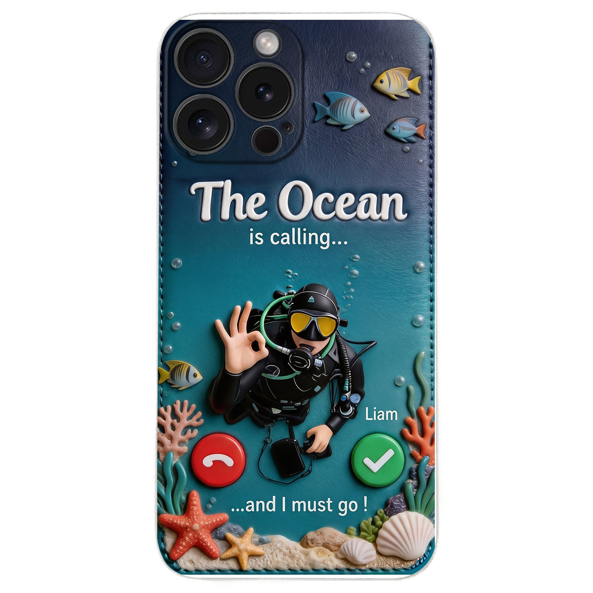 Tropical Sea Life - Personalized Scuba Diving 3D Embossed Leather Phone Case