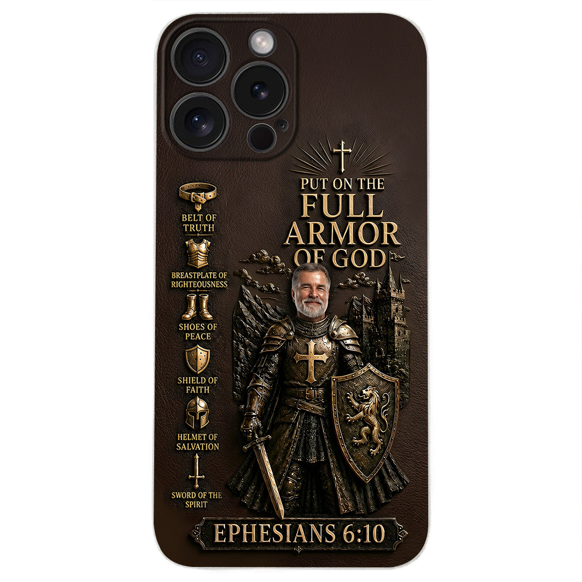 Put On The Full Amor Of God, Gift for Christians - Personalized Christian 3D Embossed Leather Phone Case