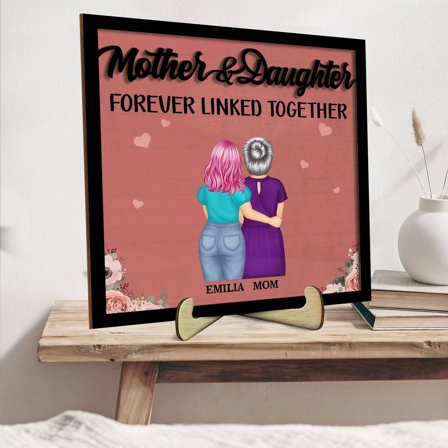 Eternal Maternal Bond - 'Mother and Daughters Forever Linked' Personalized Wooden Plaque with Stand - Ideal Gift for Mom & Grandma on Mother's Day
