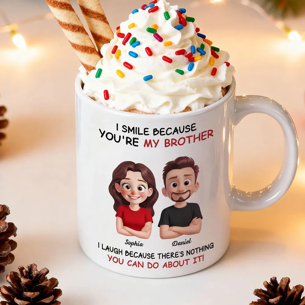Funny Sibling White Ceramic Mug – Personalized Brother & Sister Cartoon, Playful Quote, Creative Gift for Coworker or Family